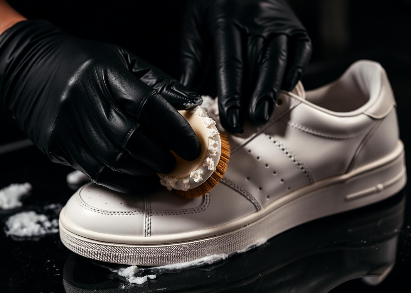 Hands restoring a sneaker